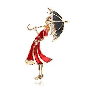 Lady with Umbrella EnamelRhinestone Brooch Pin Stylish Cute Red Black Gold Tone